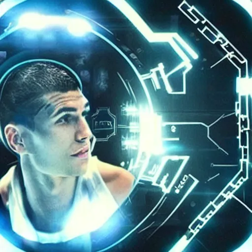 Image similar to “attractive man inserts mind control chip into a guy who is an attractive basketball player man who is part cyborg, cyberpunk ”