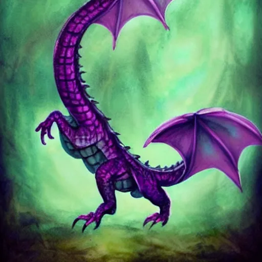 Prompt: adorable baby dragon, the dragon is purple and glittery, fantasy concept art, pastels, ethereal fairytale, watercolor
