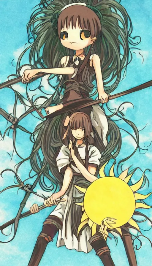 Image similar to the being death as a cute anime girl with a giant cute sun flower scythe from a studio ghibli film inspired by the death tarot card