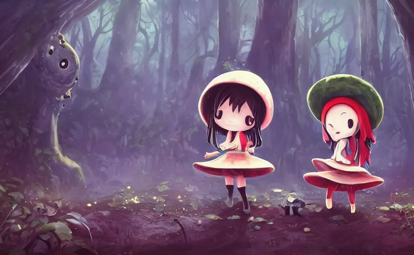 Image similar to cute little girl with an long black wearing an mushroom hat in the dark forest next to a sinister monster, cute, clean detailed art, inspired by made in abyss, detailed background, fantastic world