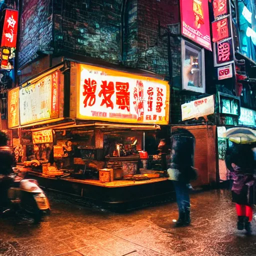 Prompt: a street noodle bar in an alley in the rainy city of london in the year 2 3 0 0, a steaming bowl of ramen sitting on the table against the rainy background of neon signs, cyberpunk, futuristic, grungy, film grain, polaroid photograph