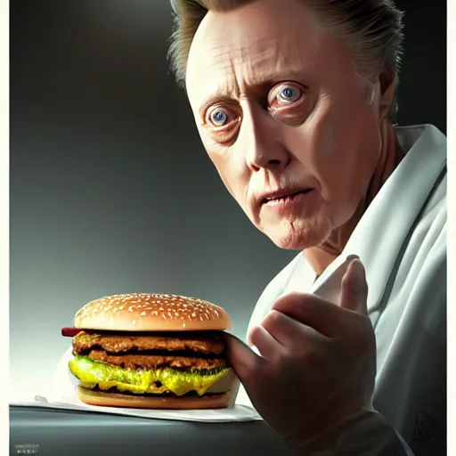 Prompt: Christopher Walken performing emergency surgery on a big mac hamburger, dripping BBQ Sauce, operating on burgers, operating room, surgical gear, intricate, elegant, highly detailed, digital painting, artstation, concept art, matte, sharp focus, illustration, art by Artgerm and Greg Rutkowski and Alphonse Mucha