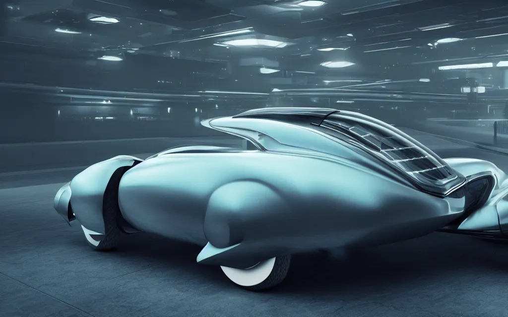 Prompt: full cinematic scene of a futuristic 1950's classic car in a Future Bladerunner Art-Deco Fusion Style, concept car 4K realistic photorender