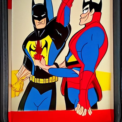Image similar to Batman and Spiderman in the uniform of McDonald's employees. Disney drawing. Pocahontas, Mulan