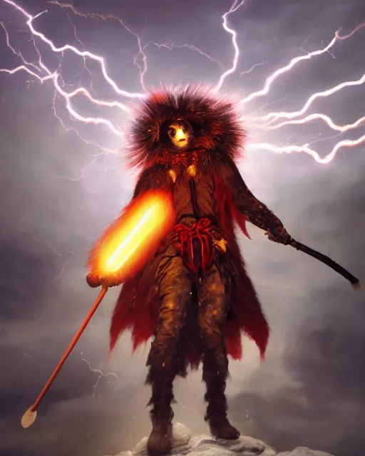 Image similar to oil painting of Anthropomorphized Wolf Shaman holding long magical lightning staff, wearing red fur cloak, sharp focus, lightning storm background, magical aura, heroic pose, fantasy style, octane render, volumetric lighting, 8k high definition, by greg rutkowski, highly detailed, trending on art Station, magic the gathering artwork, Lightning storm background, centered, dramatic artwork