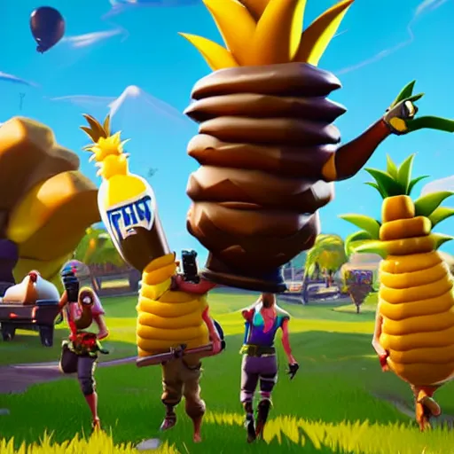 Image similar to anthropomorphic pineapple filled with beans, the bean - filled anthropomorphic pineapple is playing the video game fortnite