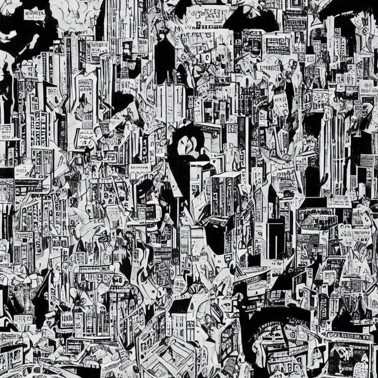 Prompt: we built this city on rock and roll, black and white comic art, lots of musical notes