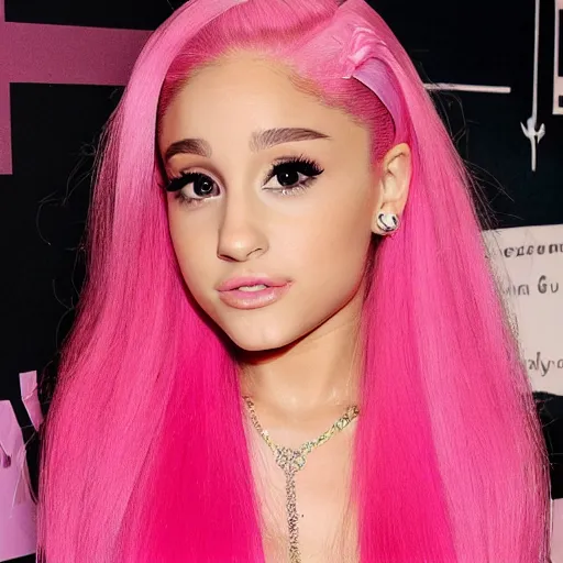 Prompt: photo of a beautiful ariana grande with pink hair in pink clothes, medium shot, intricate, elegant, highly detailed