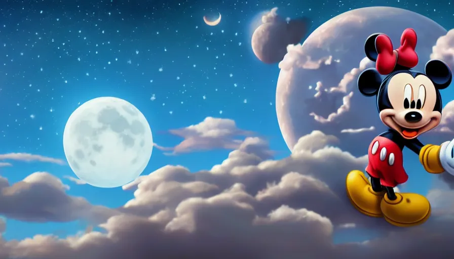 Prompt: moon with mickey mouse face in the sky, hyperdetailed, artstation, cgsociety, 8 k