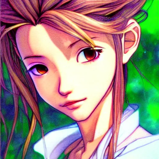 Image similar to pouting Aerith Gainsborough close-up portrait looking straight on, complex artistic color ink pen sketch illustration, full detail, gentle shadowing, fully immersive reflections and particle effects, chromatic aberration, art by Artgerm