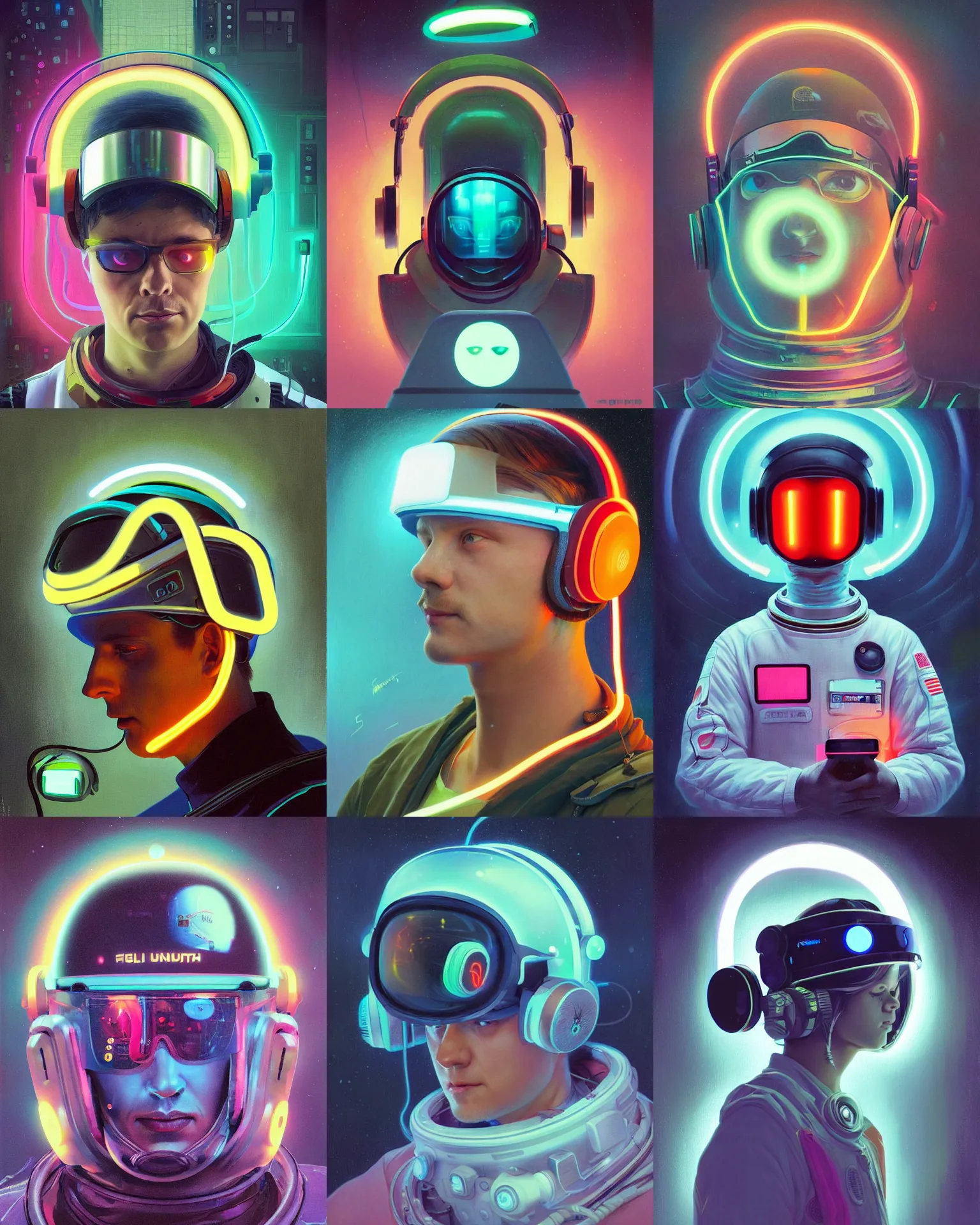 Prompt: finnish future coder looking on, glowing visor over eyes and sleek neon headphones, neon accents, desaturated headshot portrait painting by ilya repin, dean cornwall, rhads, tom whalen, alex grey, alphonse mucha, astronaut cyberpunk electric fashion photography