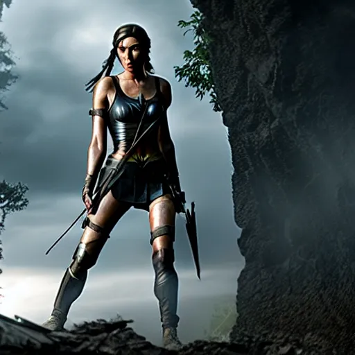 Image similar to film still of gal gadot as tomb raider, realistic, cinematic