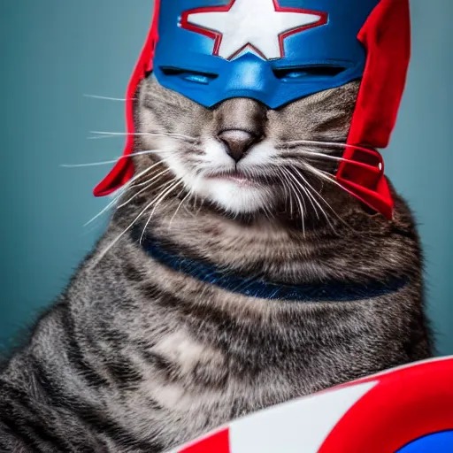 Prompt: portrait photo of cat as captain america, blue tabby fur, highly detailed, high resolution, cosplay photo, stunning, bokeh soft, trending on instagram, by professional photographer, shot with a canon