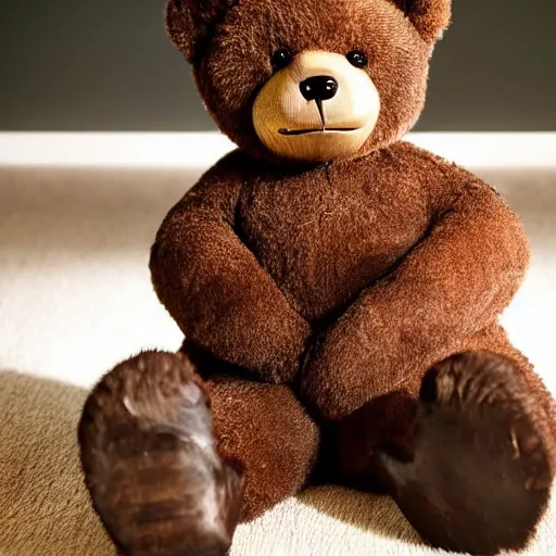 Image similar to Teddybear is standing with brush in his hand, sweating a lot while polishing shoes, the bear also hold the shoe, looking at the shoe