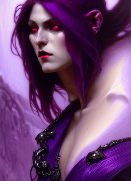 Prompt: close up character concept portrait of a vampire in amethyst armor with purple hair, strong, intricate, elegant, intense, stoic, highly detailed, digital painting, artstation, concept art, symmetry, smooth, sharp focus, illustration, black and red, art by gaston bussiere and alphone mucha