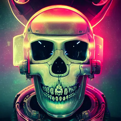 Image similar to portrait of a space pirate skull. intricate abstract. cyberpunk, vhs glitch. full face broken helmet. intricate artwork. nightmare fuel. terrifying ghost in the shell. empty oxygen tank. warhammer 40k crimes against humanity. neon flashes. by Tooth Wu, wlop, beeple, dan mumford. octane render, trending on artstation, greg rutkowski very coherent symmetrical artwork. cinematic, hyper realism, high detail, octane render, 8k, iridescent accents, black and white