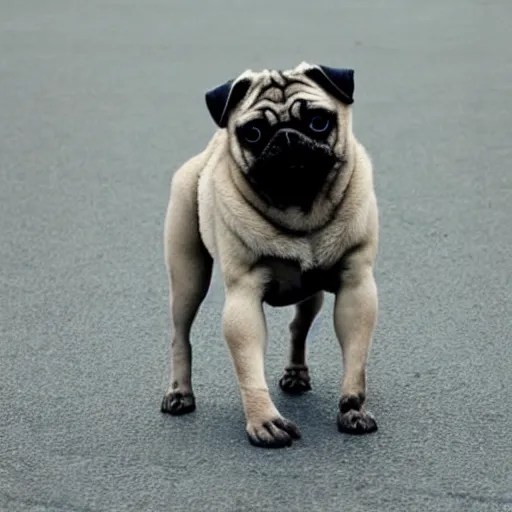 Image similar to a pug whose legs have been replaced with human legs, photo