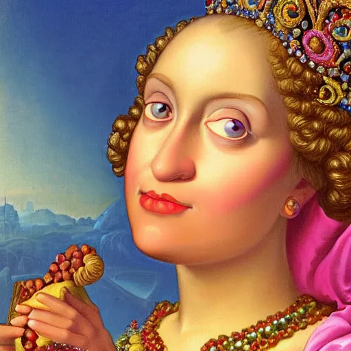 Prompt: baroque rococo painting The Queen of Cake portrait Greg Hildebrandt Lisa Frank high detail