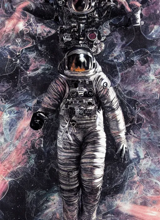 Image similar to astronaut in dark void underwater - complex and hyperdetailed technical suit design. reflection and dispersion materials. rays and dispersion of light. volumetric light. f / 3 2. noise film photo. flash photography. ultra realistic, 5 0 mm. poster by wayne barlowe, hajime sorayama aaron horkey, craig mullins