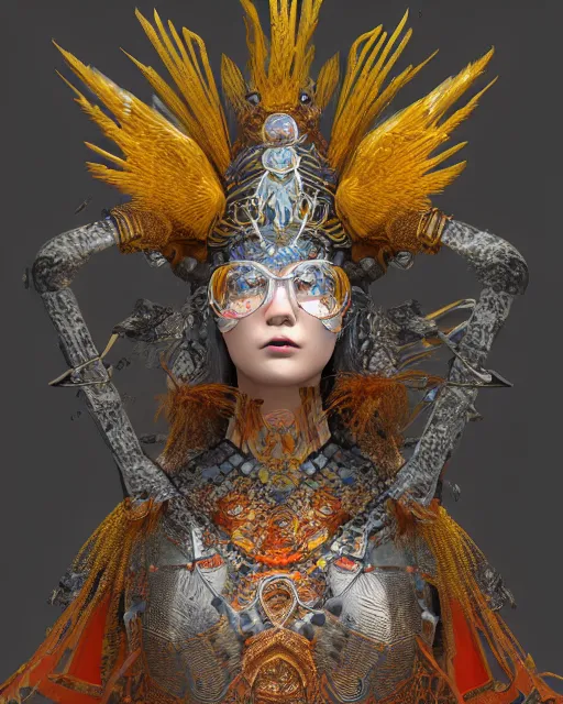 Image similar to 3 d warrior goddess medium shot portrait. beautiful hyperrealistic intricate highly detailed magpie helm broken armor, kintsugi, quetzalcoatl, korean hanbok, bioluminescent, plasma, lava, ice, feather, artwork by tooth wu and chiara bautista, octane 3 d render