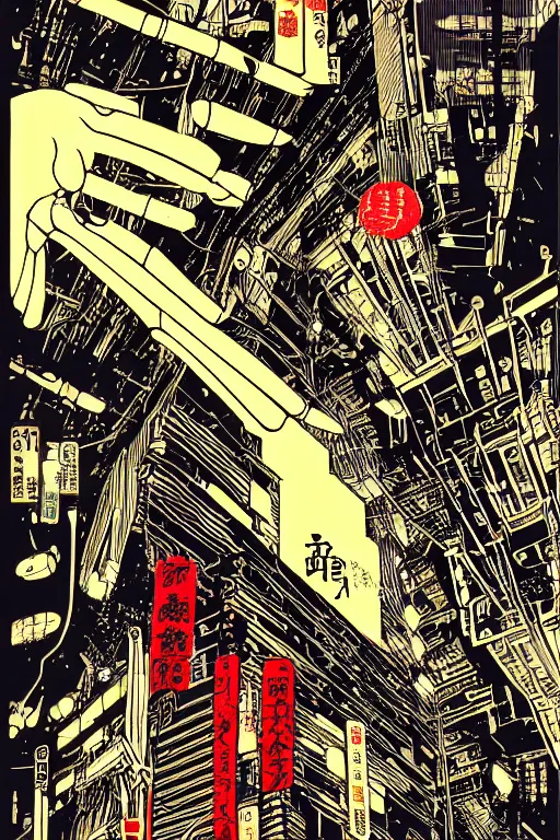 Image similar to futuristic japanese cyberpunk bladerunner silk screen by utagawa yoshiiku, ohara koson, pixiv contest winner, cyberpunk style, cyberpunk color scheme, mechanical, robotic, human machine interface, high resolution, hd, bold clear lines