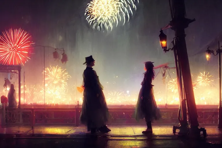 Image similar to two people find love at the witchlight carnival travelling temporary small amusement park, fireworks romantic, night time, high octane filter, 8 k, highly detailed, digital painting, concept art, matte, art by ruan jia and wlop and greg rutkowski and makoto shinkai, masterpiece