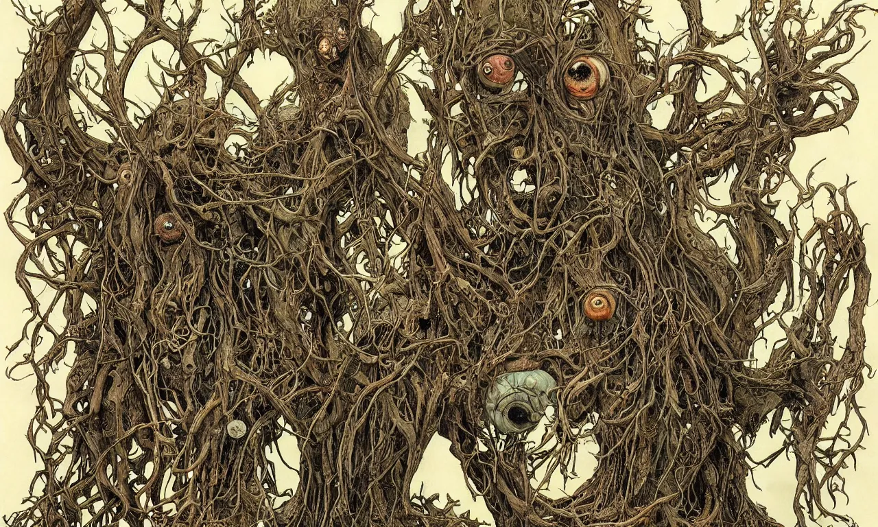 Image similar to hyperdetailed art nouveau portrait of treebeard and old groot as a cthulhu eyeball moose skull wendigo swamp thing creatures, by michael kaluta, pushead and bill sienkiewicz, photorealism, claws, skeleton, antlers, fangs, forest, wild, bizarre, scary, lynn varley, lovern kindzierski, steve oliff