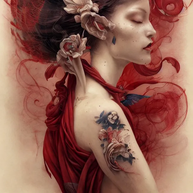 Image similar to ultra realistic illustration, beautiful ethereal woman dressed in red kimono, backview, tattoos, in the style of peter mohrbacher by weta digital and beth cavener, high face symmetry, intricate, masterpiece, award winning, high face symmetry, intricate