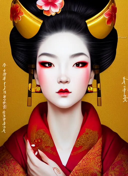 Image similar to dreamlike luxury stunning oiran portrait, red and gold kimono, art by artgerm, wlop, loish, ilya kuvshinov, 8 k realistic, hyperdetailed, beautiful lighting, detailed background, depth of field, symmetrical face, frostbite 3 engine, cryengine,