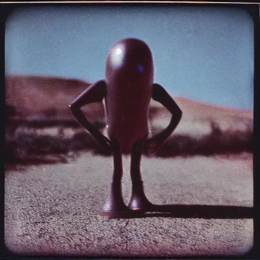 Image similar to vintage polaroid of a roswell grey alien sighting, warm azure tones, red color bleed, film grain