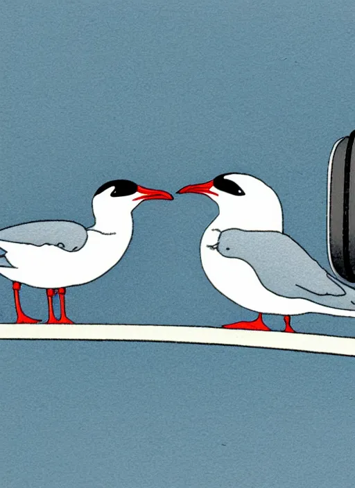Prompt: arctic tern and seagull with headphones on their heads in front of a microphone recording a podcast in the studio, illustration, 8 k, art by by kawase hasui