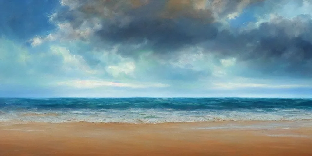 Image similar to a beautiful oil on canvas. seascape. view from the coast of the sea. coastal landscape trees and sand. stormy blue and green sea i'm background. epic sky bdetailed. trending on art station. beautiful. tropical. h 7 6 8