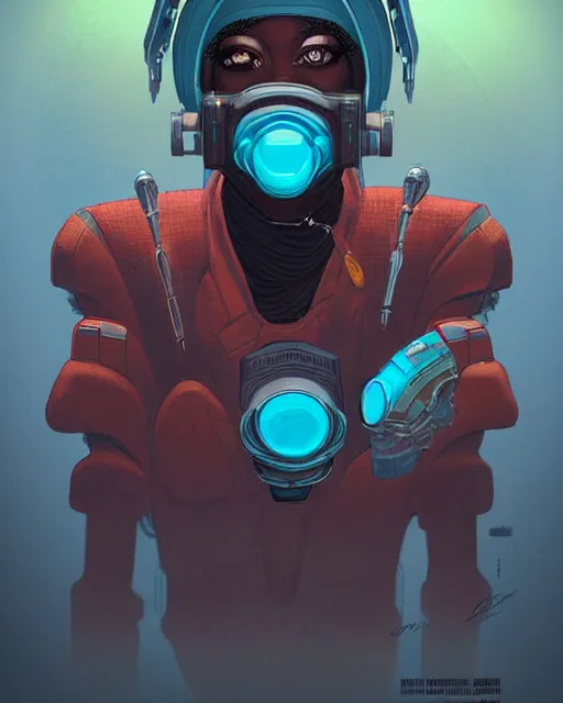Image similar to sojourn from overwatch, african canadian, gray hair, teal silver red, character portrait, portrait, close up, concept art, intricate details, highly detailed, vintage sci - fi poster, retro future, vintage sci - fi art, in the style of chris foss, rodger dean, moebius, michael whelan, and gustave dore