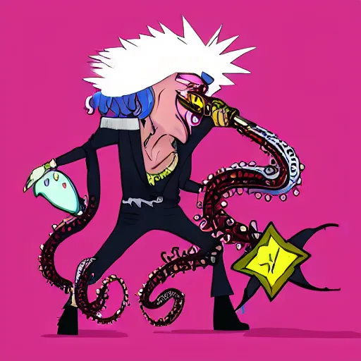 Image similar to vintage cartoon psychic punk rocker electrifying rockstar with a giant vampiric squid for a head concept character designs of various shapes and sizes by genndy tartakovsky and Lauren faust trending on art station