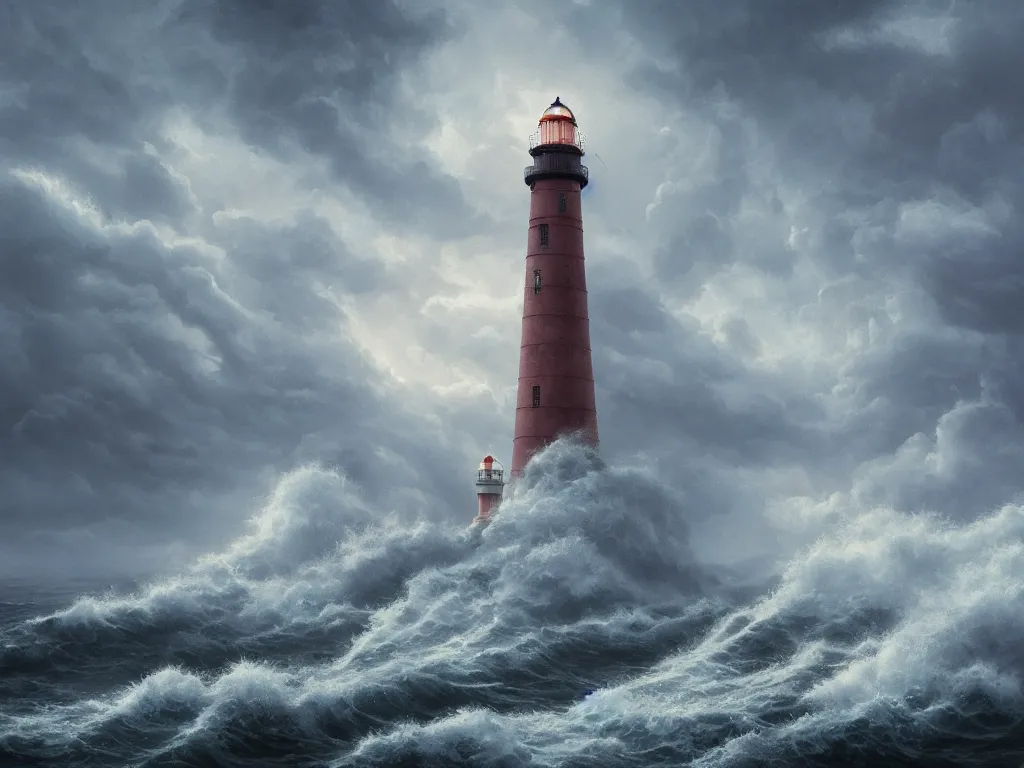 Prompt: A highly detailed matte oil painting of a lighthouse in a storm, crashing waves, hyperrealistic, cinematic, breathtaking, beautiful composition, Studio Ghibli, Artgerm, Dan Mumford, rossdraws, James Jean, beeple, volumetric lighting, octane render, 4K resolution, trending on artstation