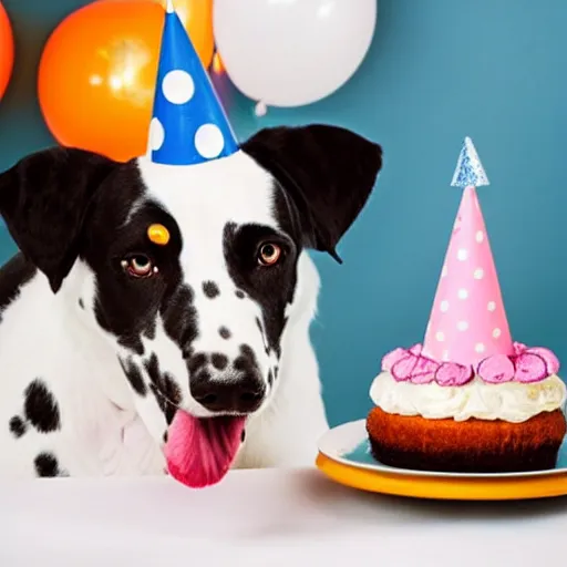 Image similar to photo of dalmatian dog with birthday hat eating a birthday cake,