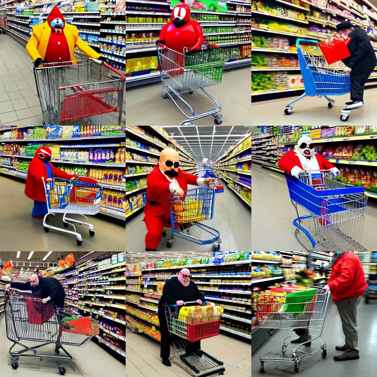 Prompt: dr. robotnik pushing a shopping cart at a supermarket