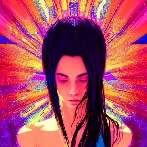 Image similar to young woman, gorgeous face, vaporwave aesthetic, synthwave, colorful, psychedelic, broken, shattered, beaten, sadness, crying, tears, artstation, concept art, smooth, extremely sharp detail, finely tuned detail, 8 k, unreal engine 5, ultra sharp focus, illustration, art by artgerm and greg rutkowski and alphonse mucha