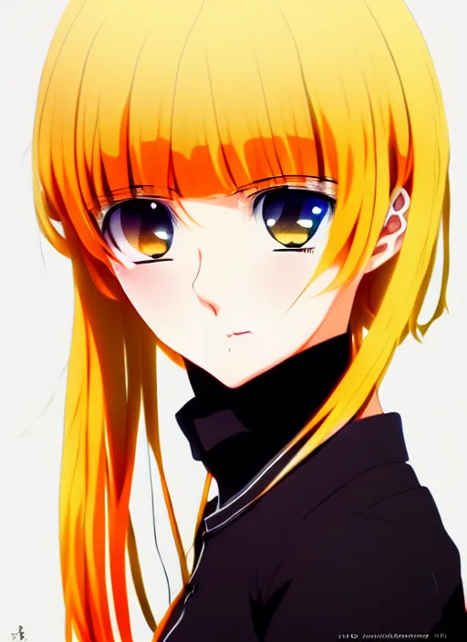 Prompt: anime portrait of a beautiful blonde, yellow - orange eyes, ilya kuvshinov, black clothing, head tilt, anime, pixiv top monthly, trending on artstation, cinematic, danbooru, zerochan art, kyoto animation