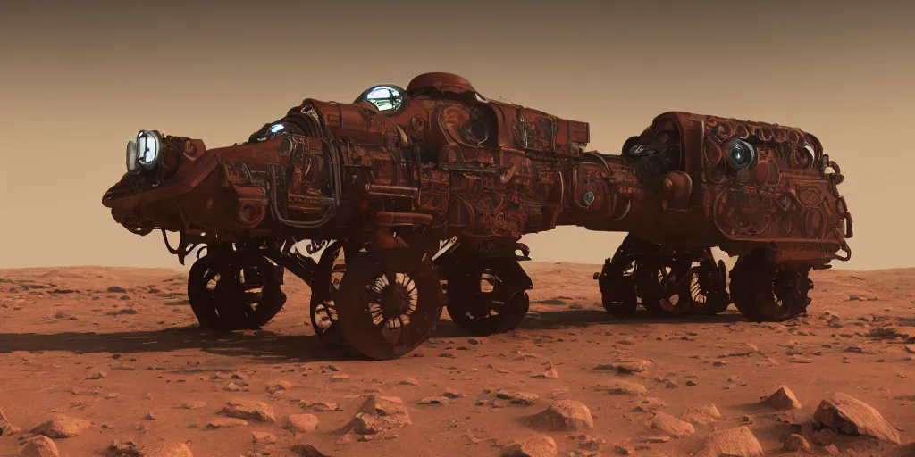 Image similar to steampunk tesla cybertruck rolling on mars 3 d concept art, dust around, planet venus backdrop, cinematic lighting, intricate details, octane rendering, trending on artstation, featured on behance