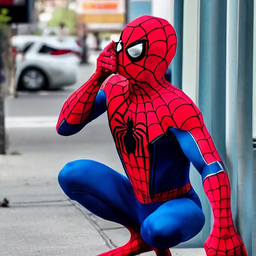 Image similar to overweight spider - man eating a bagel, photograph, 8 k