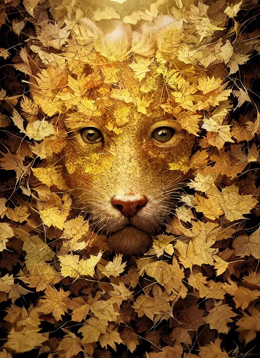 Image similar to golden leaves at frame border, creative!!! composition for a book cover, absurdly beautiful, ultrafine hyperrealistic detailed animal face by wlop and artgerm and greg rutkowski, intricate linework, sharp focus, smooth, octopath traveler, final fantasy, unreal engine, dramatic lighting, ethereal, 8 k