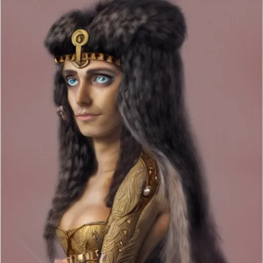 Prompt: long haired fluffy anthromorphic cat dressed in cleopatra costume detailed matte painting in the style of johannes voss