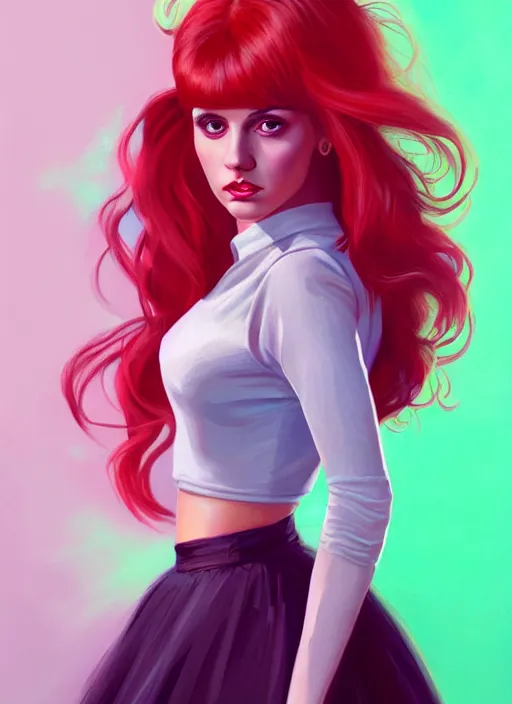 Image similar to full body portrait of teenage cheryl blossom, bangs, green eyes, sultry expression, red hair, sultry smirk, bangs and wavy hair, pink skirt, intricate, elegant, glowing lights, highly detailed, digital painting, artstation, concept art, smooth, sharp focus, illustration, art by wlop, mars ravelo and greg rutkowski