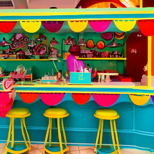 Image similar to a colorful fanciful ice cream parlor counter in the style of arnold lobel