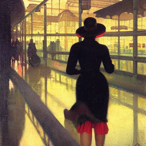 Prompt: 1 9 3 0 s detailed oil painting of a woman, cyberdeco cloisters, electronic billboards, tech noir, wet reflections, atmospheric, ambient, livia prima, george tooker, greg rutkowski, wlop, gil elvgren, grant wood, alexis flower, hopper, mucha, whistler, norman rockwell, peter max,