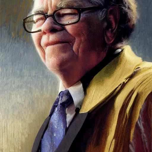 Image similar to detailed realistic cinematic wide shot of beautiful attractive young warren buffet hybrid bear tech man wearing gold suit robe slim face symettrical face clean skin black eyes black robe smooth, sharp focus, ultra realistic, spring light, painting by gaston bussiere, craig mullins, j. c. leyendecker