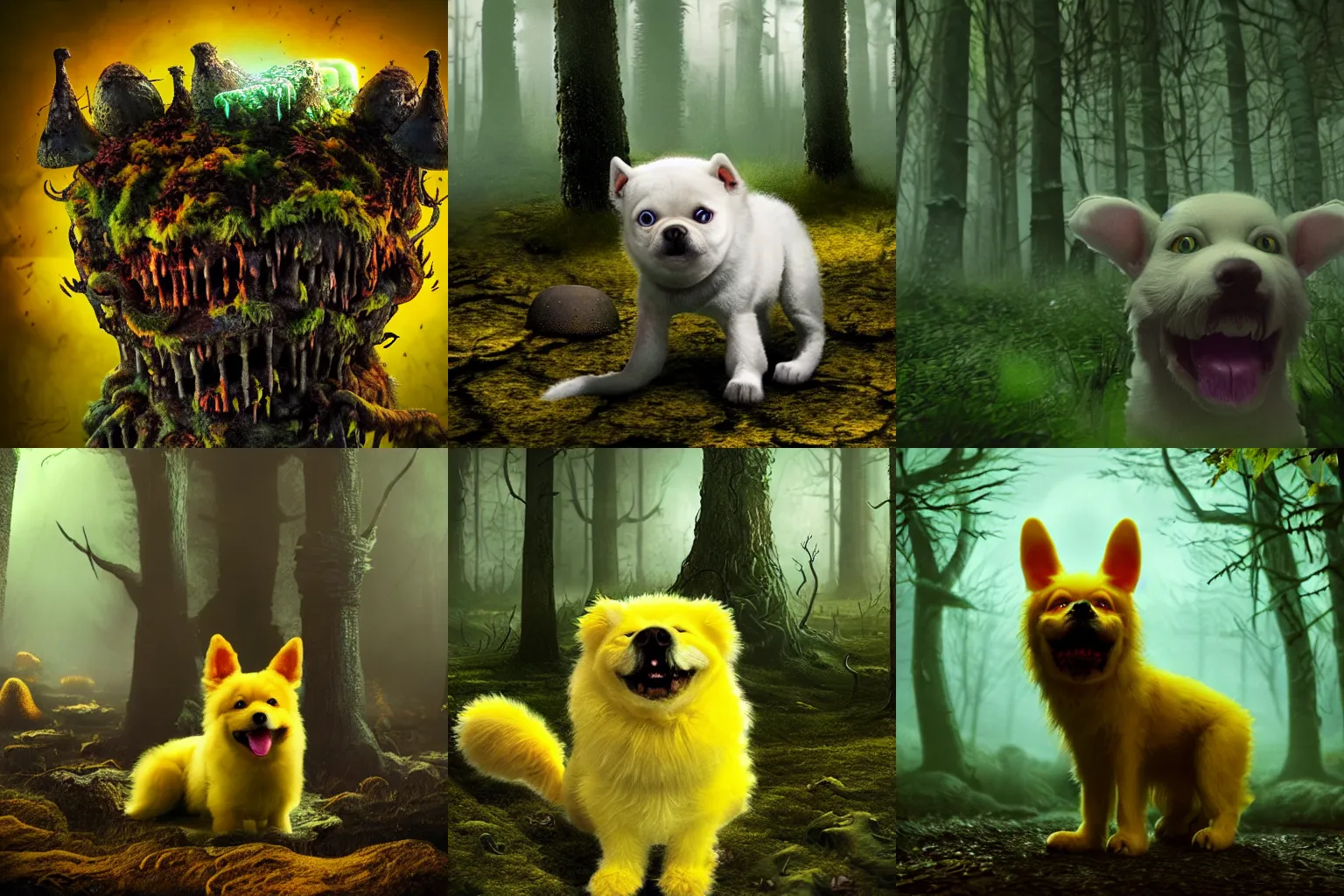 Prompt: cute evil yellow fluffy puppy zombie dog in a dark toxic mushroom forest. style of lovecraft horror. 4 k photorealistic. highly detailed.