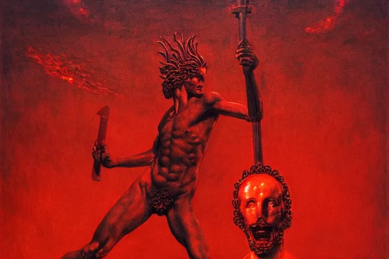 Prompt: only with red, a red melted apollo with a laurel wreath and a flaming sword announce the win, atene in the background, in the style of beksinski, part by hopper, part by rodcenko, part by hofbauer, intricate composition, red by caravaggio, insanely quality, highly detailed, masterpiece, red light, artstation