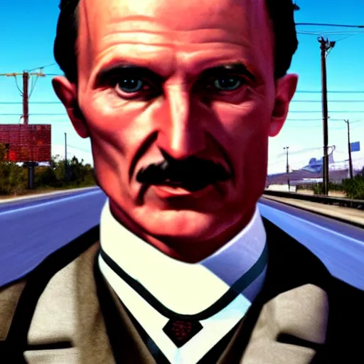 Image similar to nikola tesla in gta v cover art by steven bliss, cover art, box art, loading screen